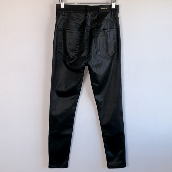 Express Super High Waisted Rise Black Coated Metallic Ankle Skinny Jeans Sz 4 - Picture 6 of 10